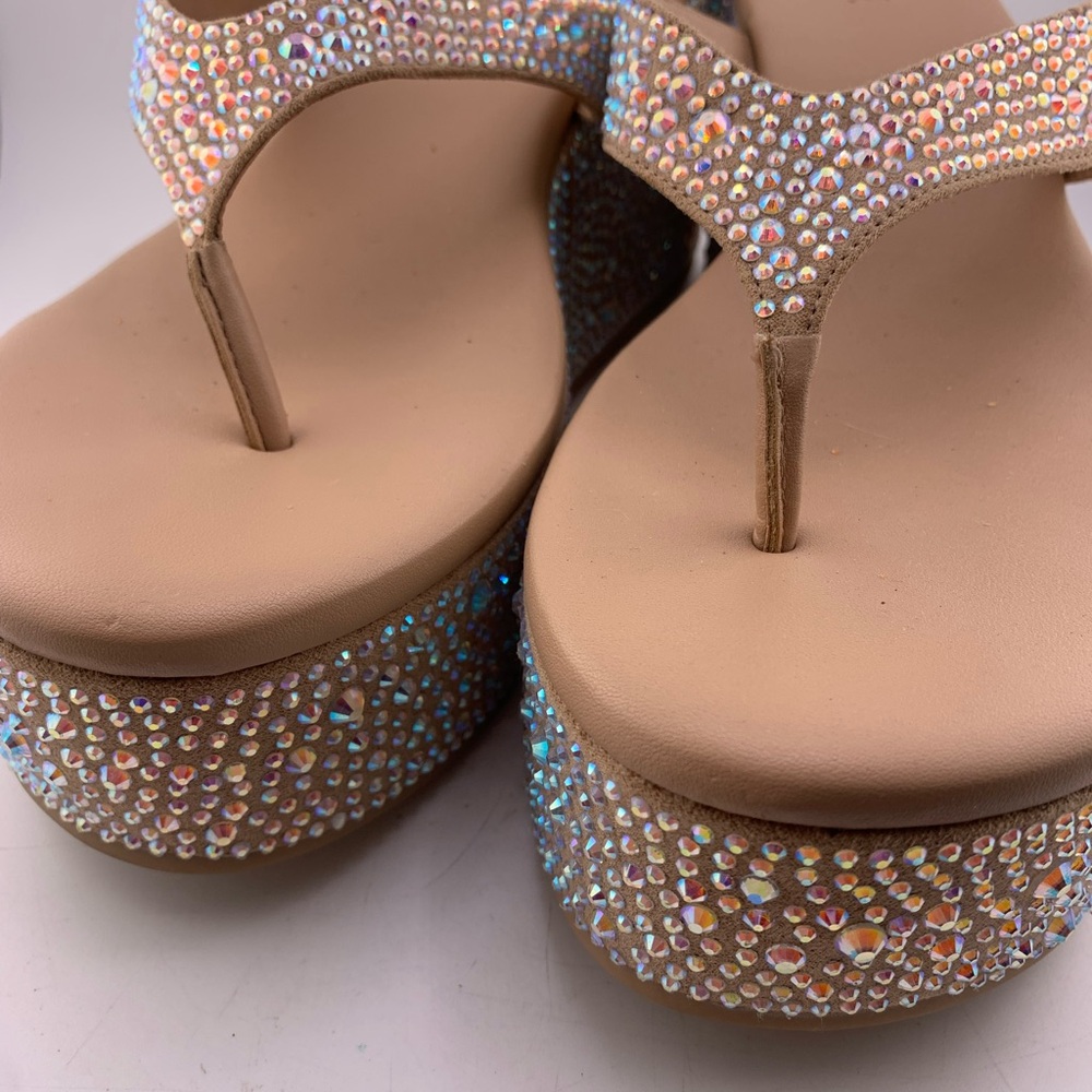 10.5 Rhinstone Bling Tan Crystal Embellished Wedge Platform Sandals - Picture 7 of 7